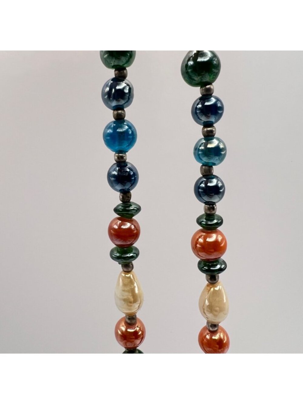 Vintage Glass Bead Necklace Blue Green Orange Cream Artisan 23" Barrel Clasp - Picture 8 of 8